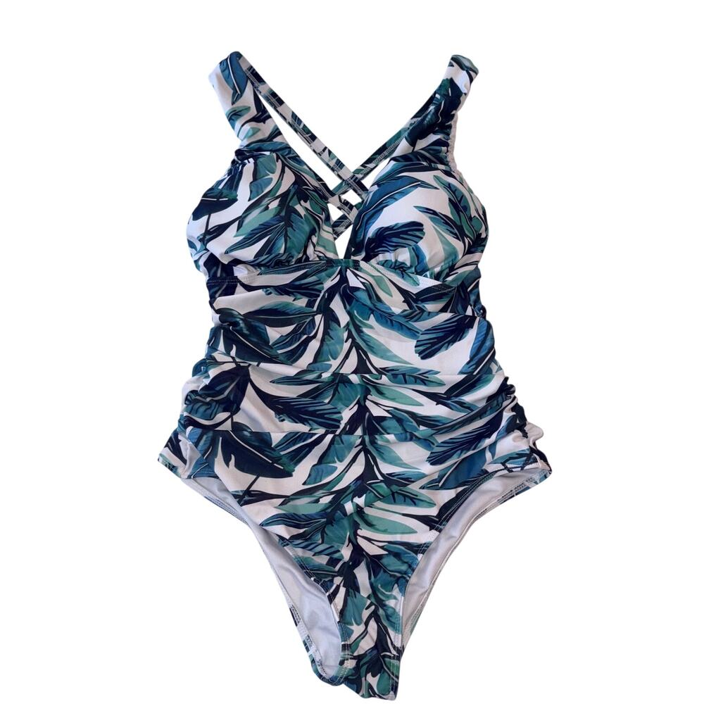 Vibrant Teal Tropical Leaf Print Slimming Tummy Control Deep V‎ One Piece Swim S